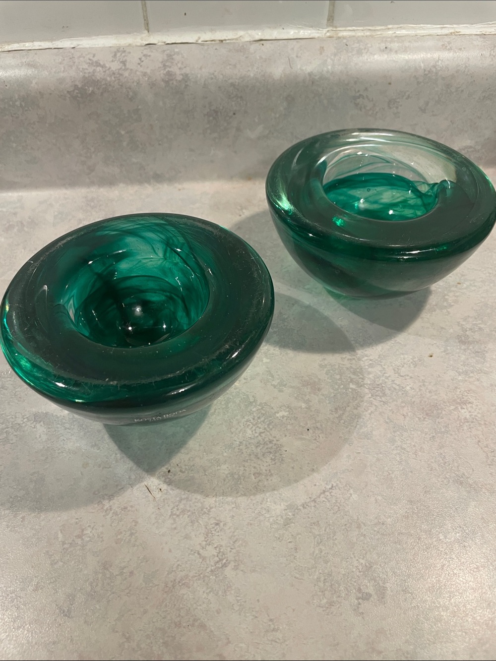 Vintage Kosta Boda Atoll Green Swirl Glass Tealight Holders